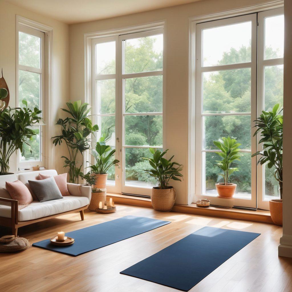 A serene, stylish living space blending wellness and fashion, featuring a cozy nook filled with plants, elegant yoga mats, and chic decor. A peaceful person practicing yoga in the foreground, exuding empowerment and balance. Soft natural light floods through large windows, highlighting calming colors. Elegant elements like wellness journals and herbal teas are scattered around, inviting tranquility. modern art. super-realistic. vibrant colors.
