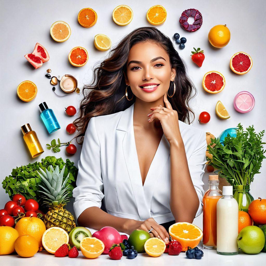 A modern woman radiating confidence, surrounded by vibrant symbols of beauty, fashion, and wellness. Include elements like stylish clothing, trendy accessories, skincare products, and healthy foods in an uplifting, energetic environment. Soft lighting with a touch of elegance to enhance the inspiring atmosphere. super-realistic. vibrant colors. white background.